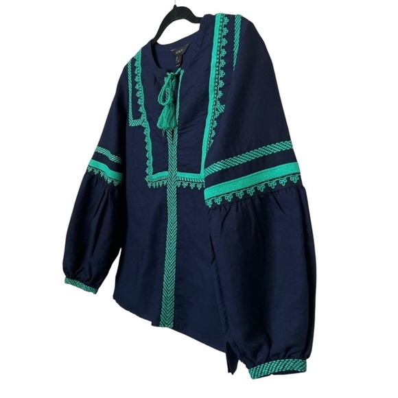 J Crew Blouse Womens 2 Navy Blue Green Embroidered Peasant Boho Top‎ Tassel Trim - Picture 5 of 11